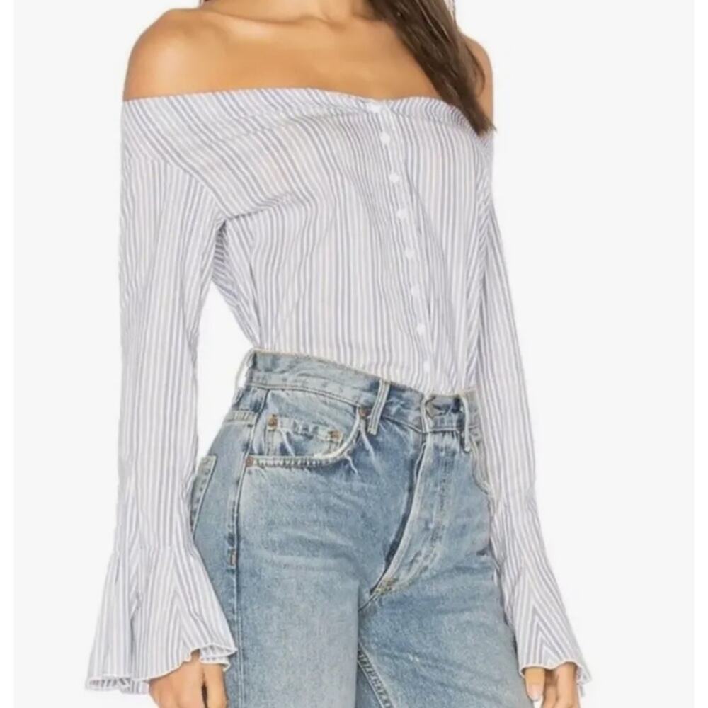 Free People Off-the-Shoulder Blue White Striped Button Up Bell Sleeve Top